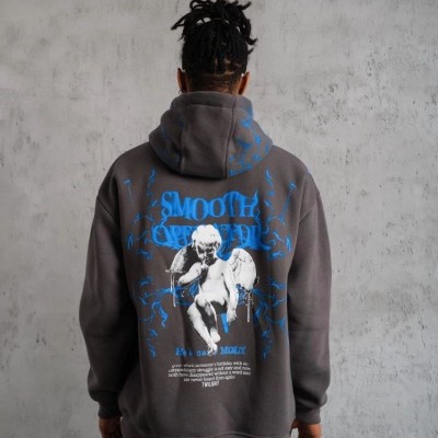 Erkek 3 İplik Pamuklu Kapüşonlu Baskılı Cepli Oversize Sweatshirt Hoodie - Gri
