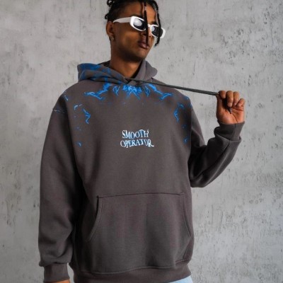 Erkek 3 İplik Pamuklu Kapüşonlu Baskılı Cepli Oversize Sweatshirt Hoodie - Gri