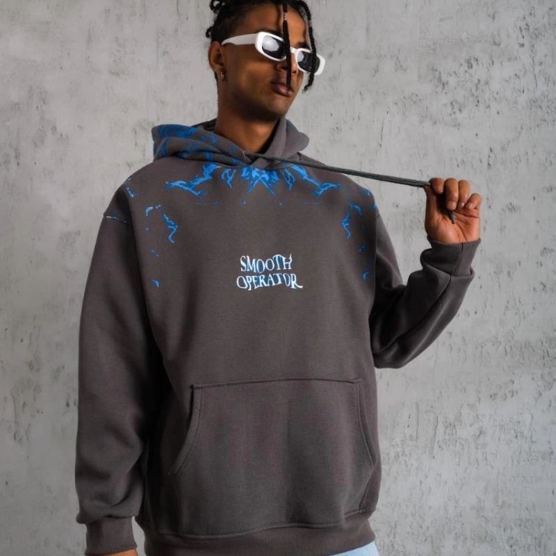 Erkek 3 İplik Pamuklu Kapüşonlu Baskılı Cepli Oversize Sweatshirt Hoodie - Gri