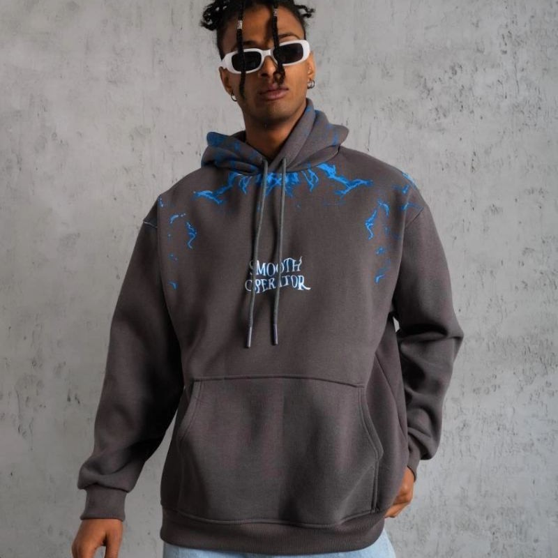 Erkek 3 İplik Pamuklu Kapüşonlu Baskılı Cepli Oversize Sweatshirt Hoodie - Gri