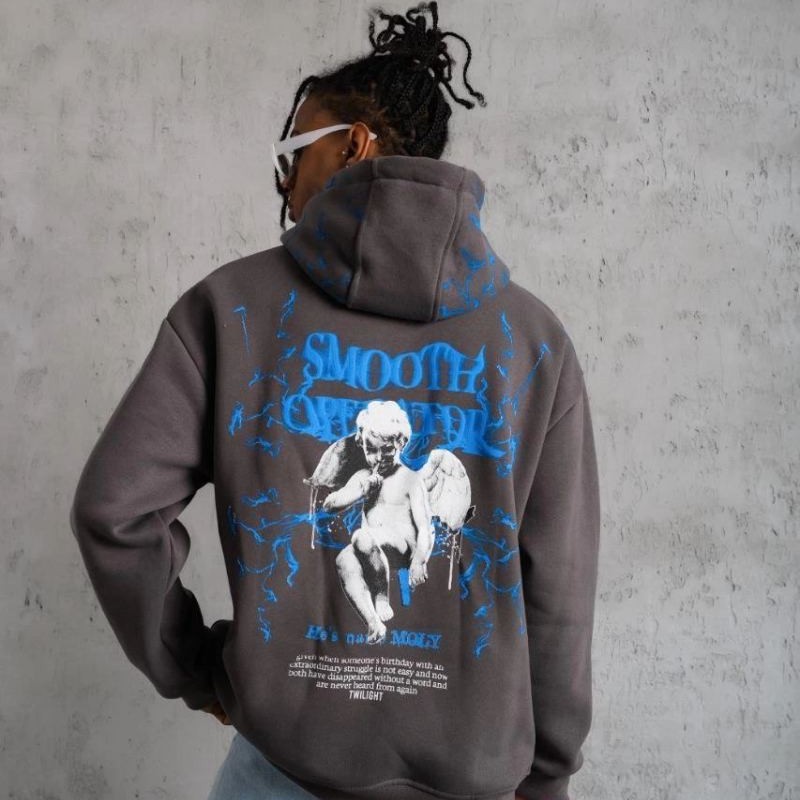 Erkek 3 İplik Pamuklu Kapüşonlu Baskılı Cepli Oversize Sweatshirt Hoodie - Gri