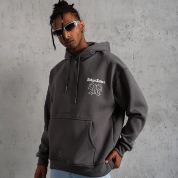 Erkek 3 İplik Pamuklu Kapüşonlu Baskılı Cepli Oversize Sweatshirt Hoodie - Gri