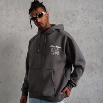 Erkek 3 İplik Pamuklu Kapüşonlu Baskılı Cepli Oversize Sweatshirt Hoodie - Gri