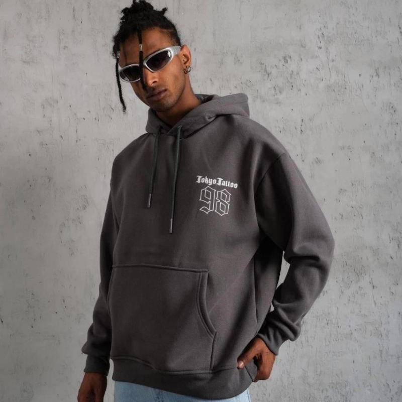Erkek 3 İplik Pamuklu Kapüşonlu Baskılı Cepli Oversize Sweatshirt Hoodie - Gri