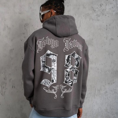 Erkek 3 İplik Pamuklu Kapüşonlu Baskılı Cepli Oversize Sweatshirt Hoodie - Gri