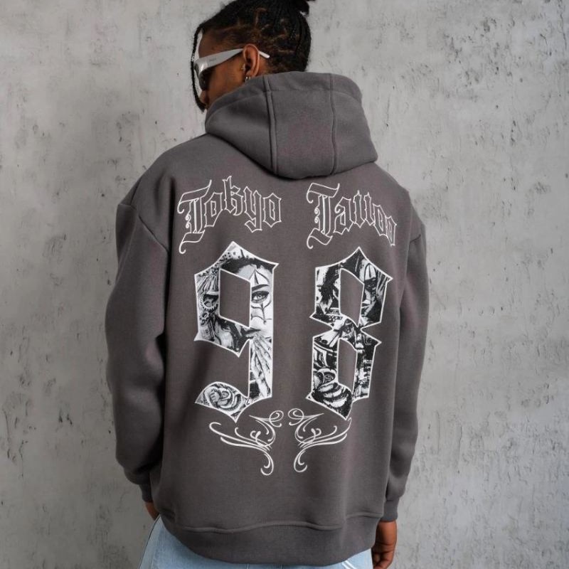 Erkek 3 İplik Pamuklu Kapüşonlu Baskılı Cepli Oversize Sweatshirt Hoodie - Gri