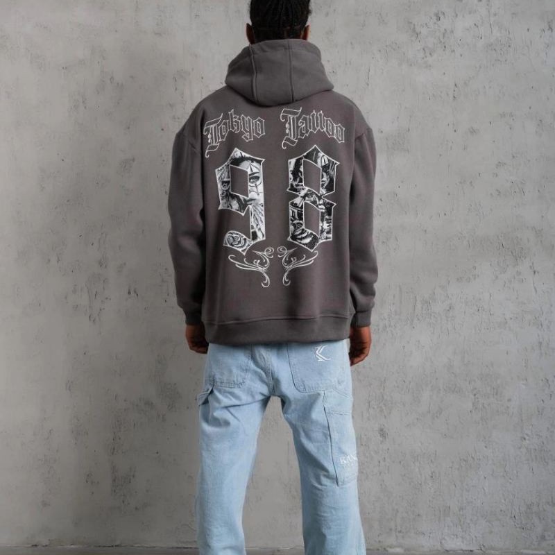 Erkek 3 İplik Pamuklu Kapüşonlu Baskılı Cepli Oversize Sweatshirt Hoodie - Gri