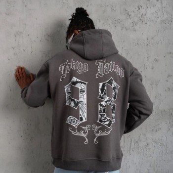Erkek 3 İplik Pamuklu Kapüşonlu Baskılı Cepli Oversize Sweatshirt Hoodie - Gri