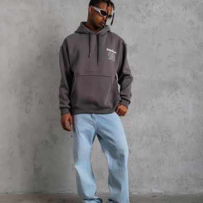 Erkek 3 İplik Pamuklu Kapüşonlu Baskılı Cepli Oversize Sweatshirt Hoodie - Gri