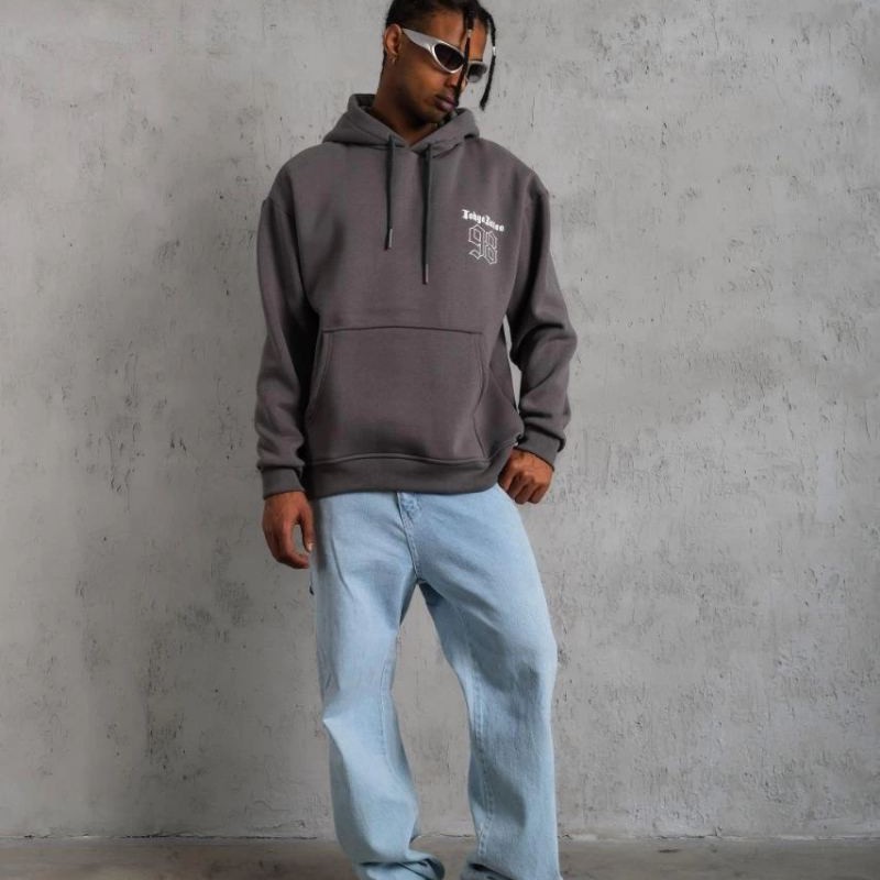 Erkek 3 İplik Pamuklu Kapüşonlu Baskılı Cepli Oversize Sweatshirt Hoodie - Gri