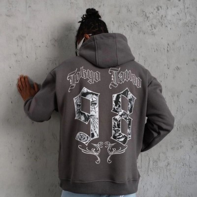 Erkek 3 İplik Pamuklu Kapüşonlu Baskılı Cepli Oversize Sweatshirt Hoodie - Gri