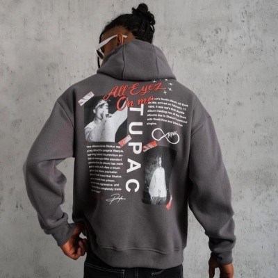 Erkek 3 İplik Pamuklu Kapüşonlu Baskılı Cepli Oversize Sweatshirt Hoodie - Gri