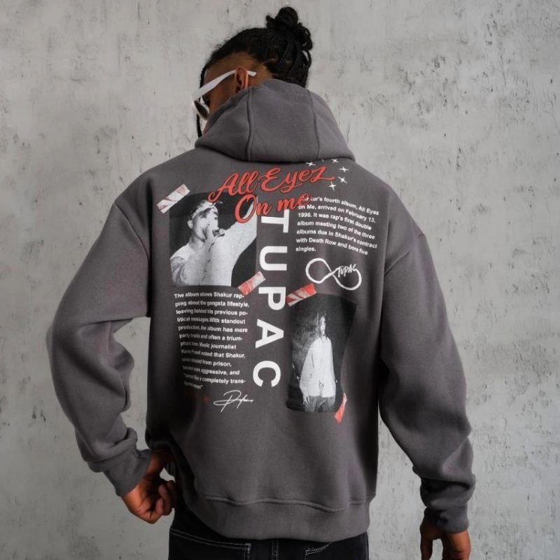 Erkek 3 İplik Pamuklu Kapüşonlu Baskılı Cepli Oversize Sweatshirt Hoodie - Gri