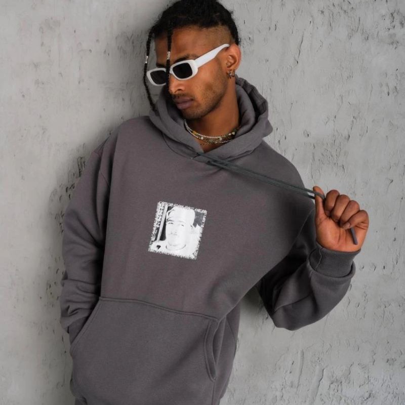 Erkek 3 İplik Pamuklu Kapüşonlu Baskılı Cepli Oversize Sweatshirt Hoodie - Gri