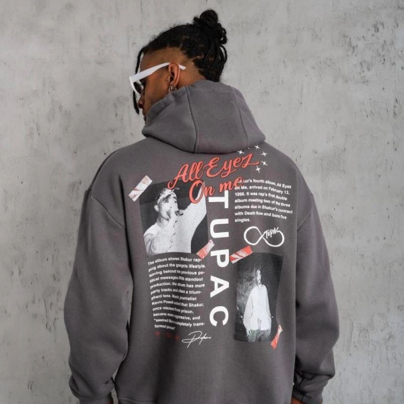 Erkek 3 İplik Pamuklu Kapüşonlu Baskılı Cepli Oversize Sweatshirt Hoodie - Gri