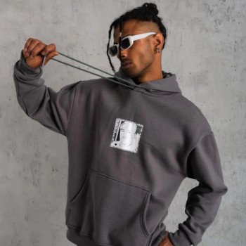 Erkek 3 İplik Pamuklu Kapüşonlu Baskılı Cepli Oversize Sweatshirt Hoodie - Gri