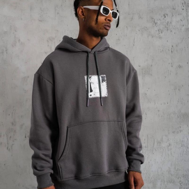 Erkek 3 İplik Pamuklu Kapüşonlu Baskılı Cepli Oversize Sweatshirt Hoodie - Gri