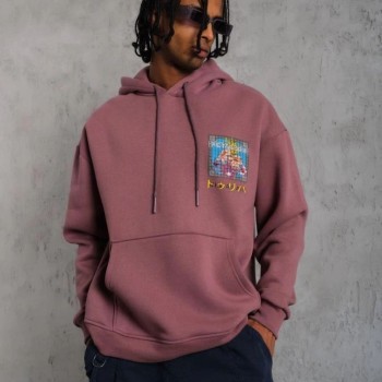 Erkek 3 İplik Pamuklu Kapüşonlu Baskılı Cepli Oversize Sweatshirt Hoodie - Gül Kurusu