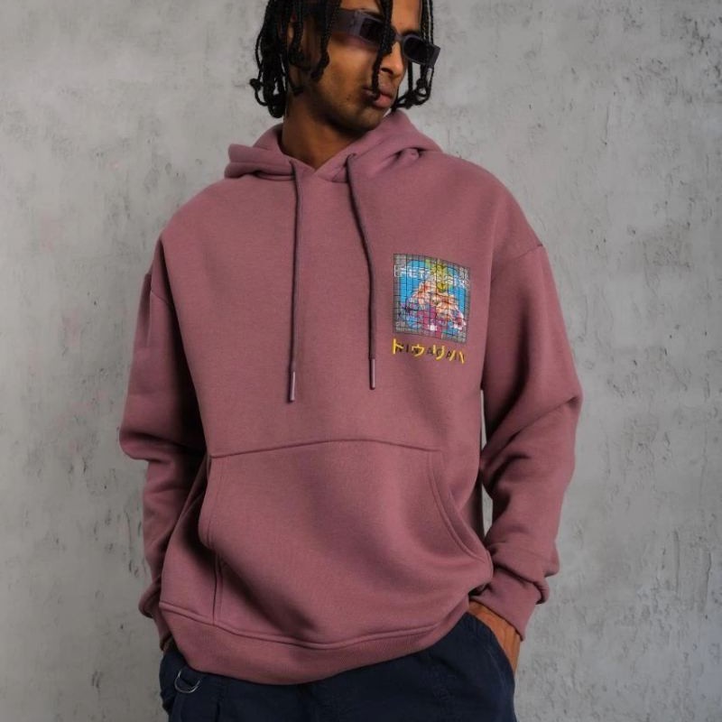 Erkek 3 İplik Pamuklu Kapüşonlu Baskılı Cepli Oversize Sweatshirt Hoodie - Gül Kurusu