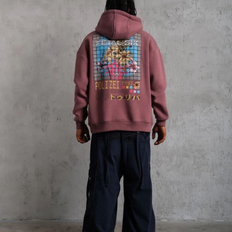 Erkek 3 İplik Pamuklu Kapüşonlu Baskılı Cepli Oversize Sweatshirt Hoodie - Gül Kurusu
