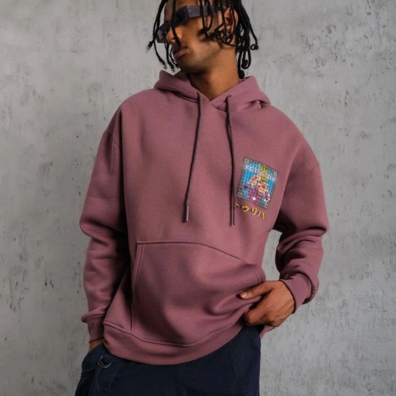 Erkek 3 İplik Pamuklu Kapüşonlu Baskılı Cepli Oversize Sweatshirt Hoodie - Gül Kurusu