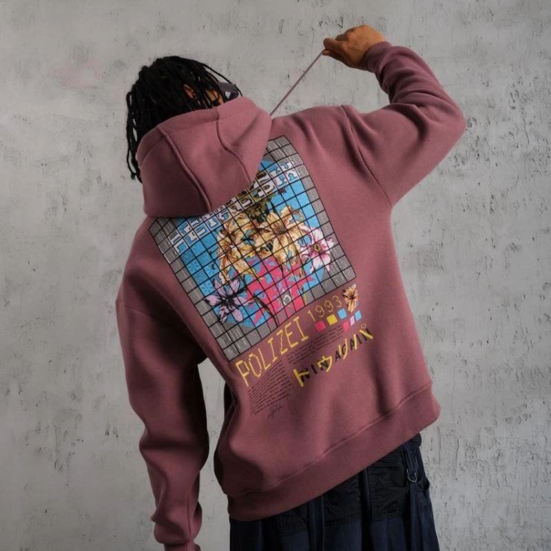 Erkek 3 İplik Pamuklu Kapüşonlu Baskılı Cepli Oversize Sweatshirt Hoodie - Gül Kurusu