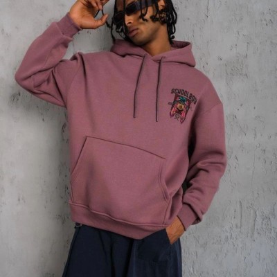 Erkek 3 İplik Pamuklu Kapüşonlu Baskılı Cepli Oversize Sweatshirt Hoodie - Gül Kurusu