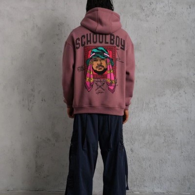 Erkek 3 İplik Pamuklu Kapüşonlu Baskılı Cepli Oversize Sweatshirt Hoodie - Gül Kurusu