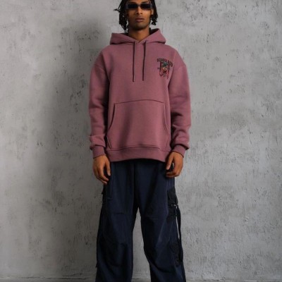 Erkek 3 İplik Pamuklu Kapüşonlu Baskılı Cepli Oversize Sweatshirt Hoodie - Gül Kurusu