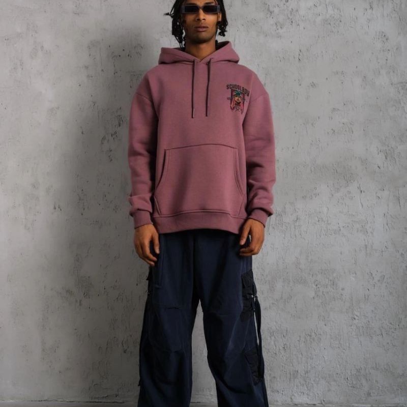 Erkek 3 İplik Pamuklu Kapüşonlu Baskılı Cepli Oversize Sweatshirt Hoodie - Gül Kurusu