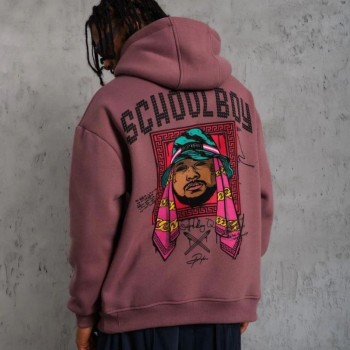 Erkek 3 İplik Pamuklu Kapüşonlu Baskılı Cepli Oversize Sweatshirt Hoodie - Gül Kurusu