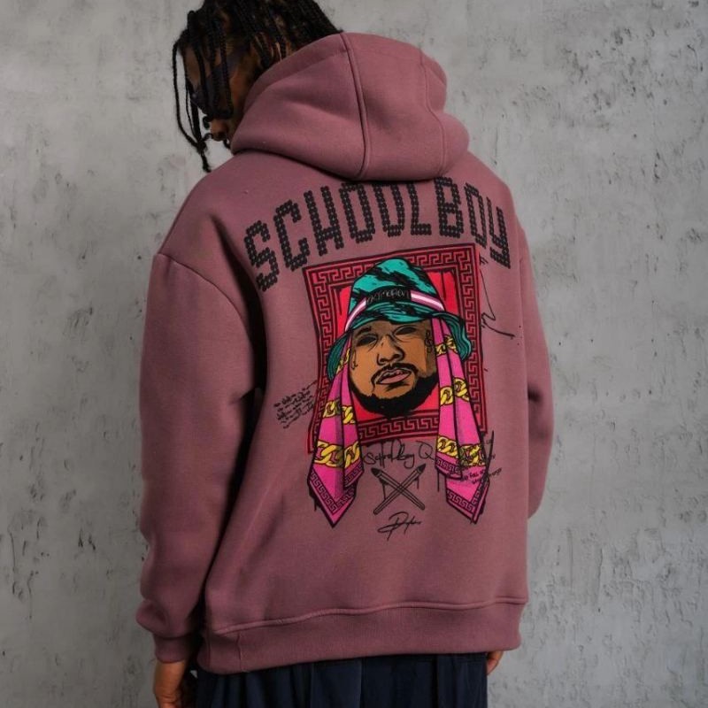 Erkek 3 İplik Pamuklu Kapüşonlu Baskılı Cepli Oversize Sweatshirt Hoodie - Gül Kurusu