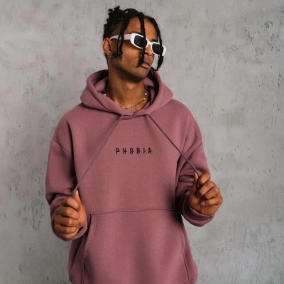 Erkek 3 İplik Pamuklu Kapüşonlu Baskılı Cepli Oversize Sweatshirt Hoodie - Gül Kurusu