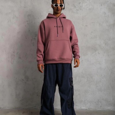 Erkek 3 İplik Pamuklu Kapüşonlu Baskılı Cepli Oversize Sweatshirt Hoodie - Gül Kurusu
