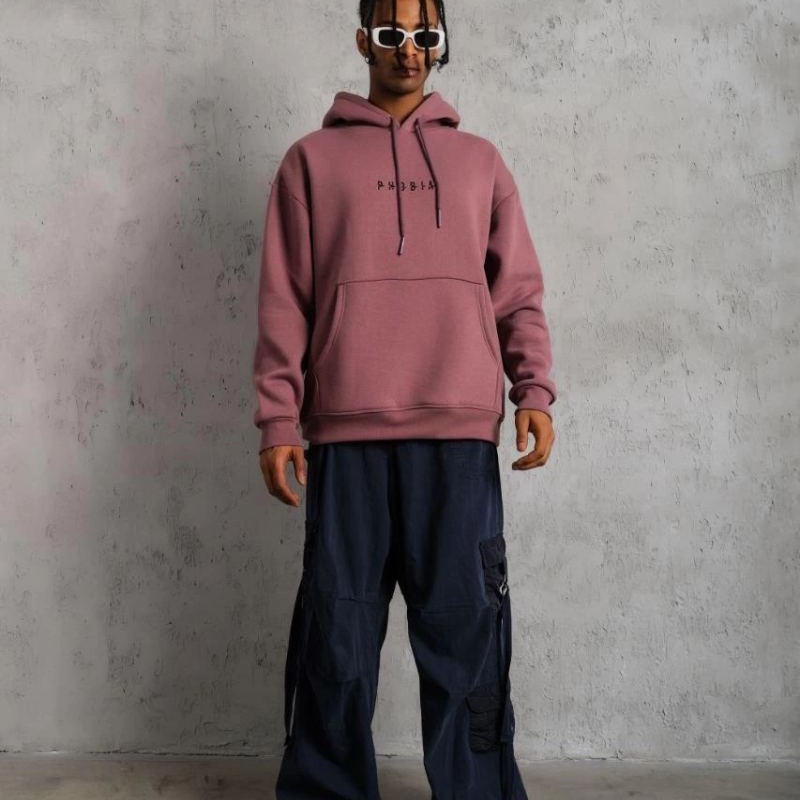 Erkek 3 İplik Pamuklu Kapüşonlu Baskılı Cepli Oversize Sweatshirt Hoodie - Gül Kurusu