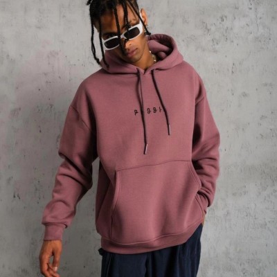 Erkek 3 İplik Pamuklu Kapüşonlu Baskılı Cepli Oversize Sweatshirt Hoodie - Gül Kurusu