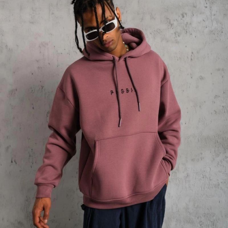 Erkek 3 İplik Pamuklu Kapüşonlu Baskılı Cepli Oversize Sweatshirt Hoodie - Gül Kurusu