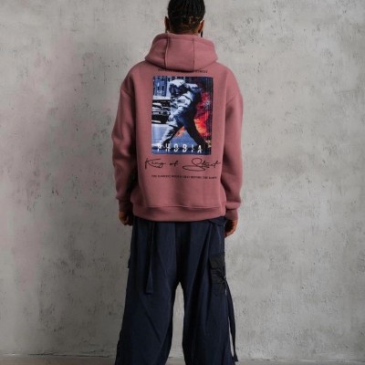 Erkek 3 İplik Pamuklu Kapüşonlu Baskılı Cepli Oversize Sweatshirt Hoodie - Gül Kurusu
