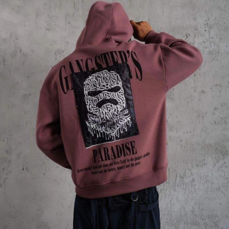 Erkek 3 İplik Pamuklu Kapüşonlu Baskılı Cepli Oversize Sweatshirt Hoodie - Gül Kurusu