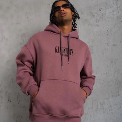 Erkek 3 İplik Pamuklu Kapüşonlu Baskılı Cepli Oversize Sweatshirt Hoodie - Gül Kurusu