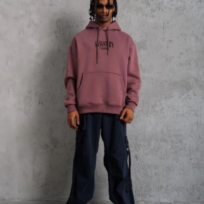Erkek 3 İplik Pamuklu Kapüşonlu Baskılı Cepli Oversize Sweatshirt Hoodie - Gül Kurusu