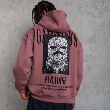 Erkek 3 İplik Pamuklu Kapüşonlu Baskılı Cepli Oversize Sweatshirt Hoodie - Gül Kurusu