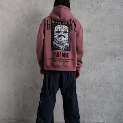 Erkek 3 İplik Pamuklu Kapüşonlu Baskılı Cepli Oversize Sweatshirt Hoodie - Gül Kurusu