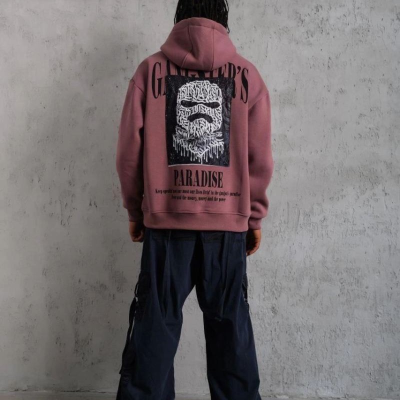 Erkek 3 İplik Pamuklu Kapüşonlu Baskılı Cepli Oversize Sweatshirt Hoodie - Gül Kurusu