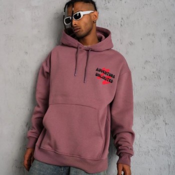 Erkek 3 İplik Pamuklu Kapüşonlu Baskılı Cepli Oversize Sweatshirt Hoodie - Gül Kurusu