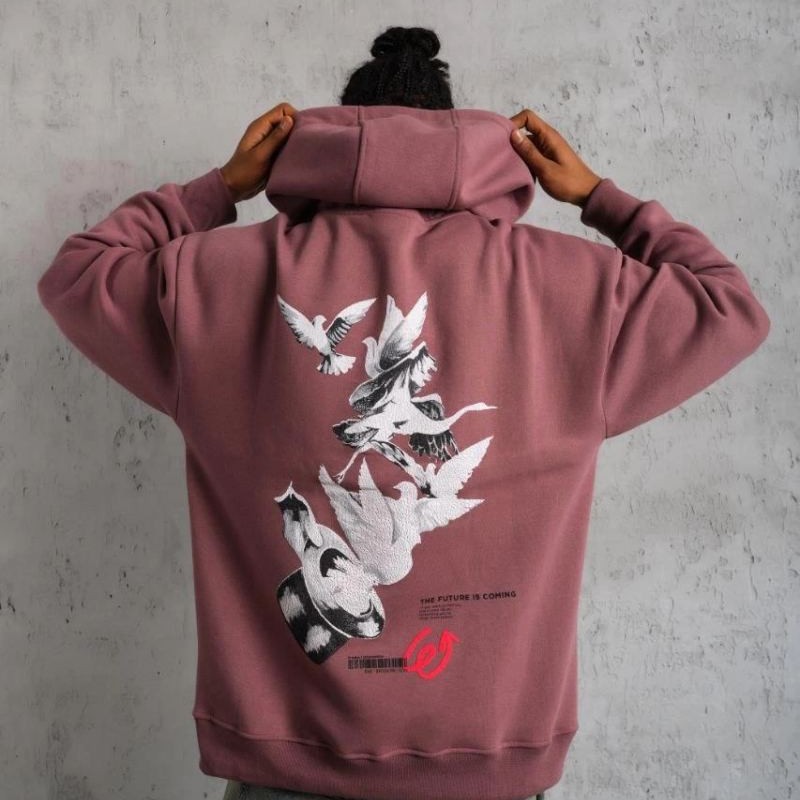 Erkek 3 İplik Pamuklu Kapüşonlu Baskılı Cepli Oversize Sweatshirt Hoodie - Gül Kurusu