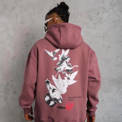 Erkek 3 İplik Pamuklu Kapüşonlu Baskılı Cepli Oversize Sweatshirt Hoodie - Gül Kurusu