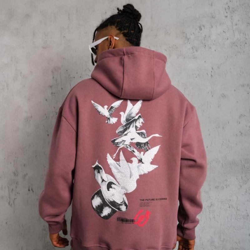 Erkek 3 İplik Pamuklu Kapüşonlu Baskılı Cepli Oversize Sweatshirt Hoodie - Gül Kurusu