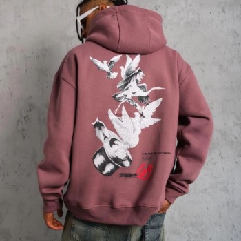 Erkek 3 İplik Pamuklu Kapüşonlu Baskılı Cepli Oversize Sweatshirt Hoodie - Gül Kurusu