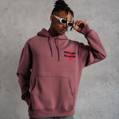 Erkek 3 İplik Pamuklu Kapüşonlu Baskılı Cepli Oversize Sweatshirt Hoodie - Gül Kurusu
